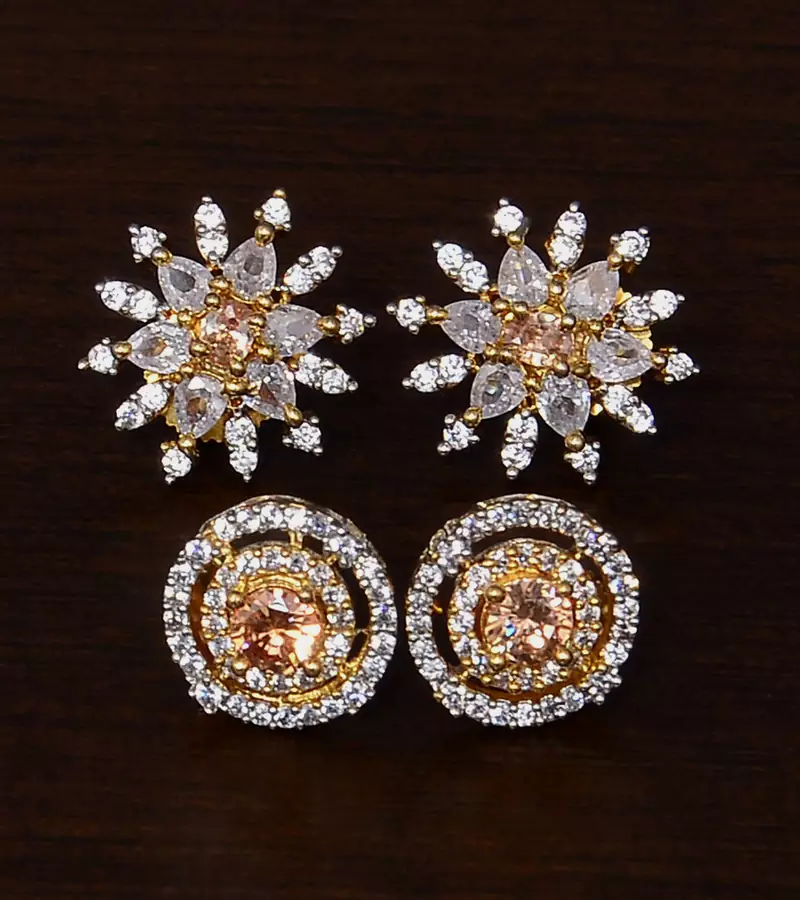 Champagne and American Diamond Embellished Two Pairs of Designer Studs 216ED333