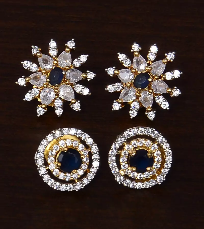 Sapphire and American Diamond Embellished Two Pairs of Designer Studs 216ED335