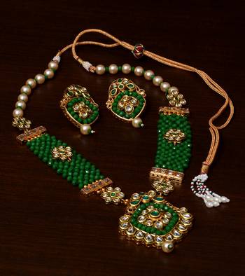 Kundan, Pearls and Green Beads Embellished Designer Necklace Set 317FNN184 1