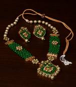 Kundan, Pearls and Green Beads Embellished Designer Necklace Set 317FNN184