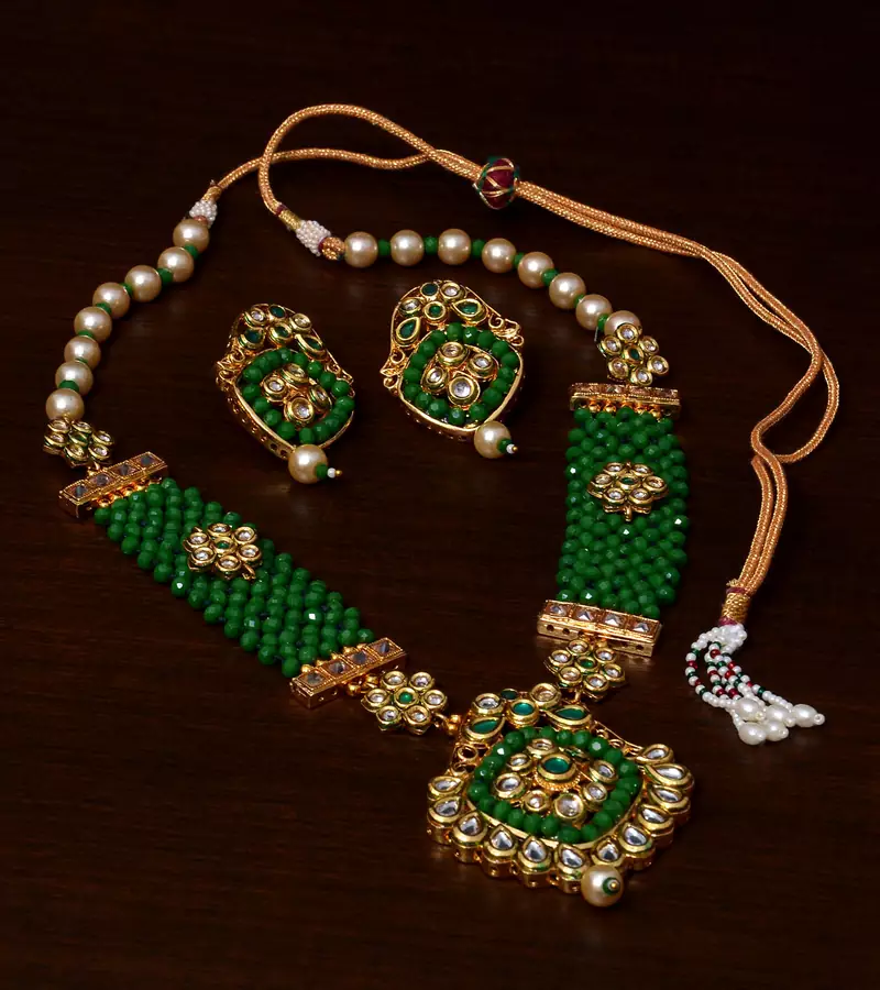 Kundan, Pearls and Green Beads Embellished Designer Necklace Set 317FNN184