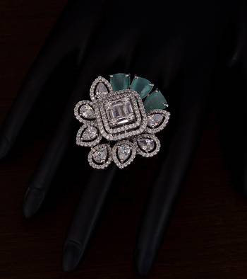 Rhodium Plated American Diamond and Mint Stone Embellished Designer Ring FR3 1