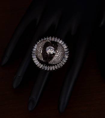 Black and Rhodium Plated American Diamond Embellished Designer Ring FR7 1