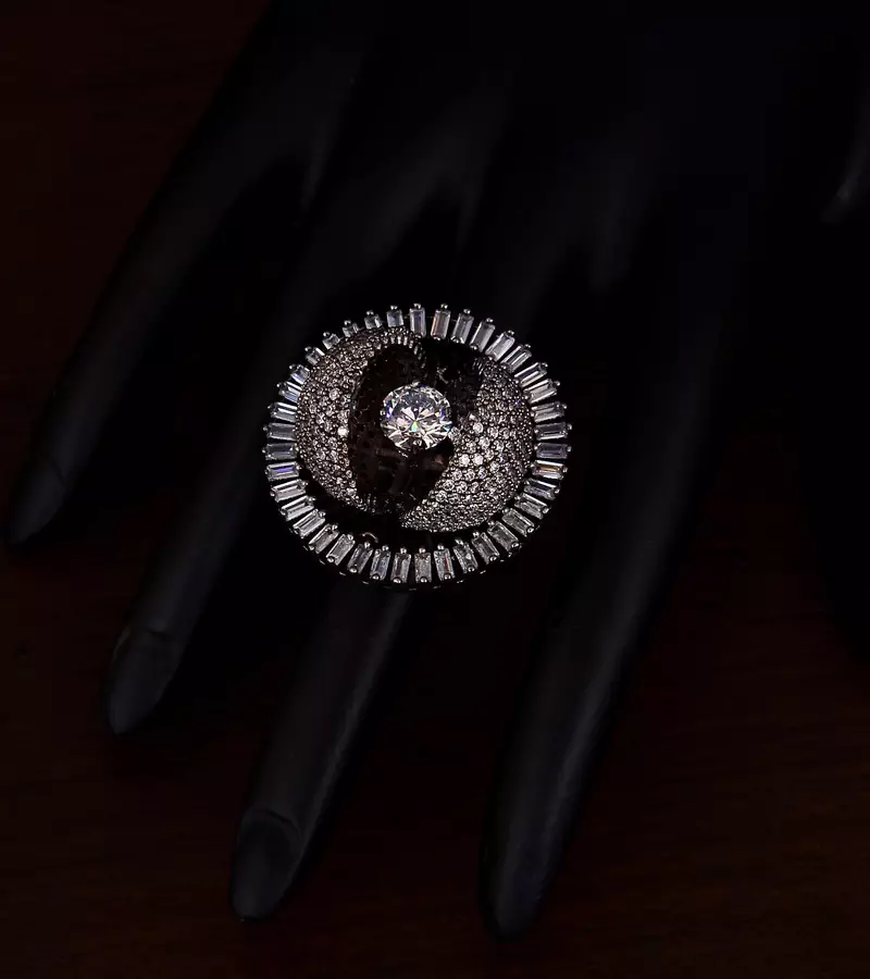 Black and Rhodium Plated American Diamond Embellished Designer Ring FR7