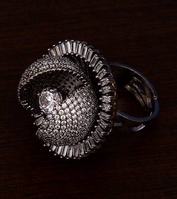 Black and Rhodium Plated American Diamond Embellished Designer Ring FR7 2