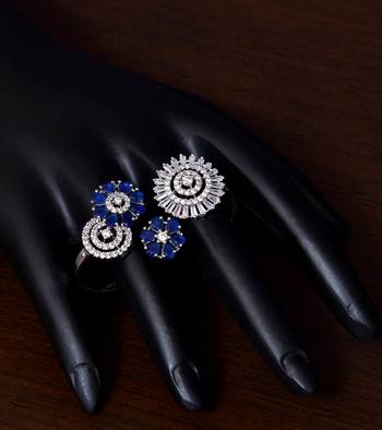 Rhodium Plated Sapphire and American Diamond Embellished Designer Ring FR8 1