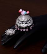 Rhodium and Black Plated American Diamond Embellished Designer Peacock Ring FR12