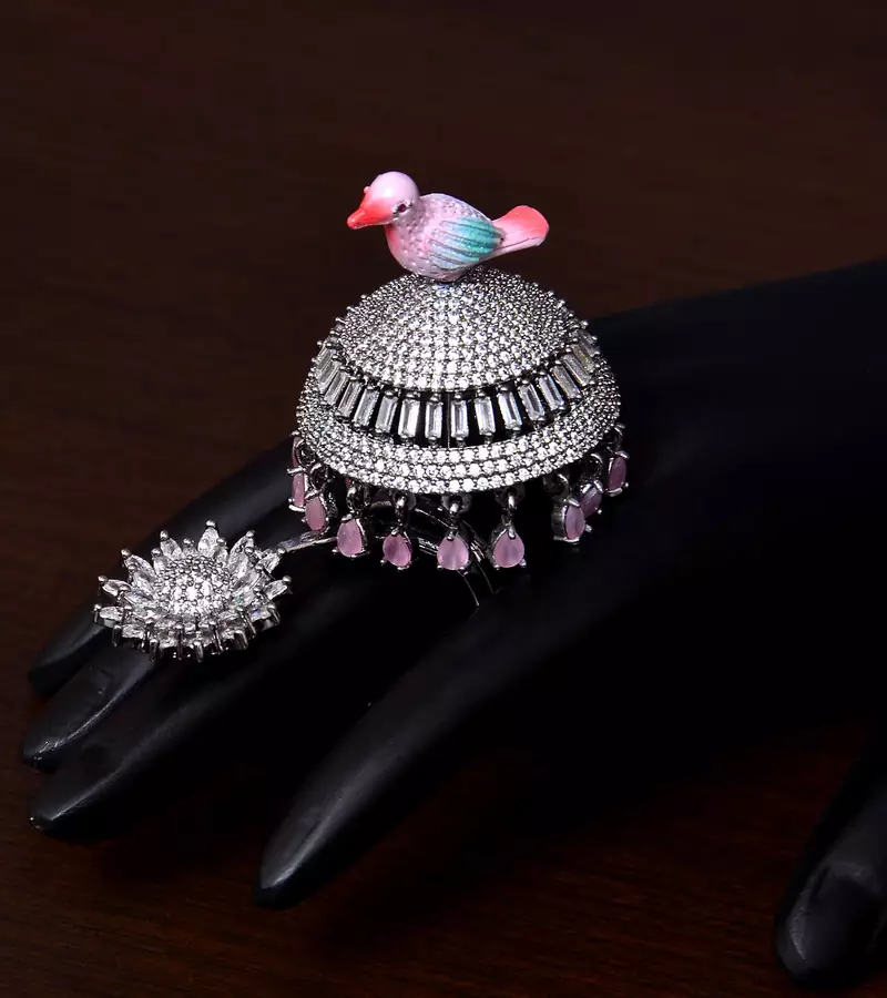 Rhodium and Black Plated American Diamond Embellished Designer Peacock Ring FR12