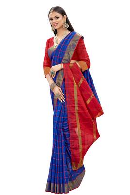 Blue woven cotton silk saree with blouse 4