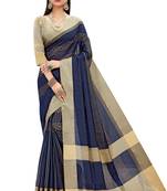 Navy blue woven cotton silk saree with blouse