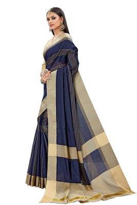 Navy blue woven cotton silk saree with blouse 4
