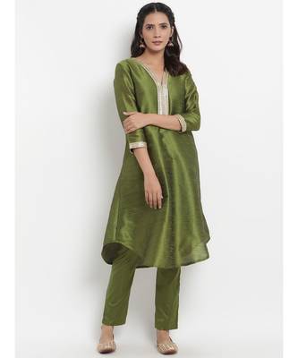 Green Silk Blend Flared Gota Kurta Pant Set 1
