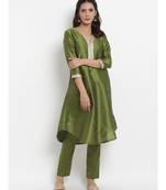 Green Silk Blend Flared Gota Kurta Pant Set