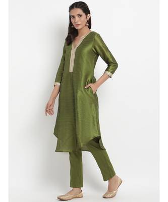 Green Silk Blend Flared Gota Kurta Pant Set 2