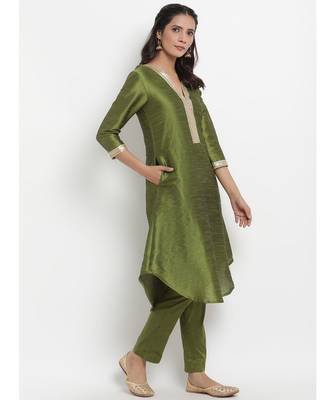 Green Silk Blend Flared Gota Kurta Pant Set 3