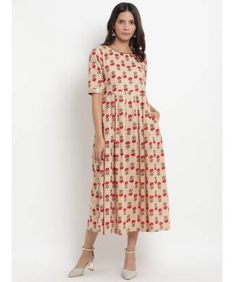 Beige Floral Printed Tassel Flared Dress 1