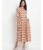 Beige Floral Printed Tassel Flared Dress