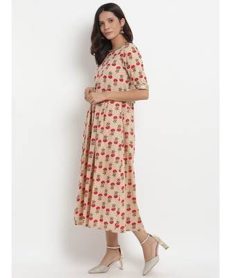 Beige Floral Printed Tassel Flared Dress 2