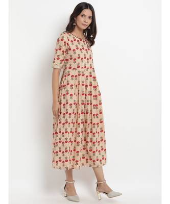 Beige Floral Printed Tassel Flared Dress 3