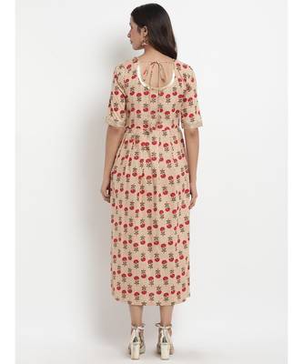 Beige Floral Printed Tassel Flared Dress 4