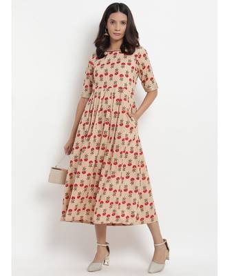 Beige Floral Printed Tassel Flared Dress 5