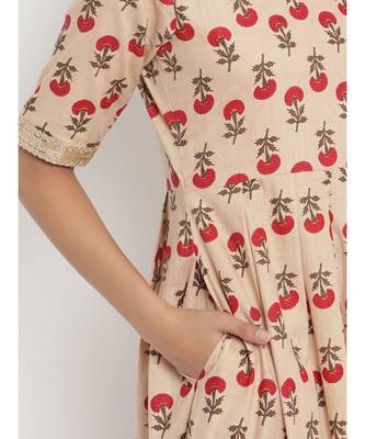 Beige Floral Printed Tassel Flared Dress 6