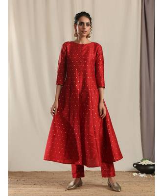 Red Silk Slit Kurta Pant Set 1