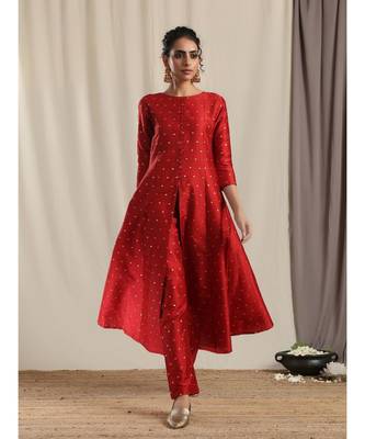 Red Silk Slit Kurta Pant Set 2