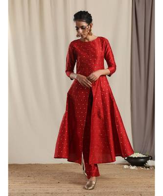 Red Silk Slit Kurta Pant Set 3