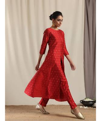 Red Silk Slit Kurta Pant Set 4