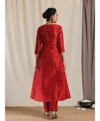 Red Silk Slit Kurta Pant Set 5
