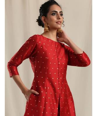 Red Silk Slit Kurta Pant Set 6