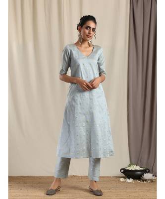 Grey Silk Kurta Pant Set 1