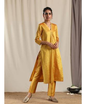 Yellow Silk Kurta Pant Set 1