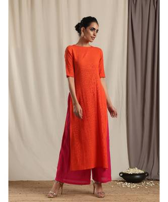 Orange Crinkle Slit Kurta Pant Set 6