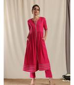 Pink Crinkle Front Slit Gota Kurta Pant Set