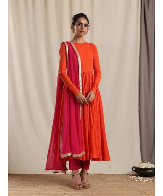 Orange Crinkle Flared Kurta Pant Dupatta Set 1