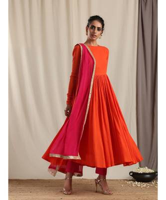 Orange Crinkle Flared Kurta Pant Dupatta Set 2