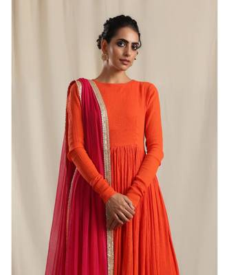 Orange Crinkle Flared Kurta Pant Dupatta Set 3