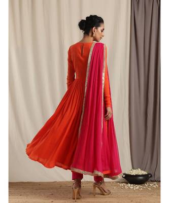 Orange Crinkle Flared Kurta Pant Dupatta Set 4