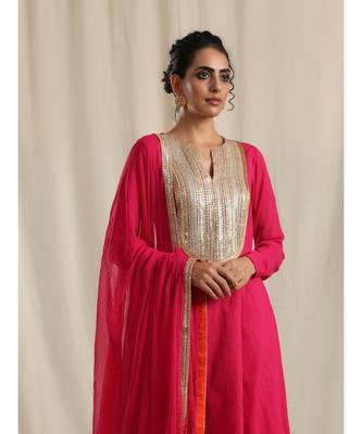 Pink Crinkle Flared Gota Kurta Pant Dupatta Set 3