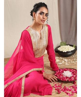 Pink Crinkle Flared Gota Kurta Pant Dupatta Set 5