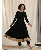 Black Velvet Flared Embroidered Kurta