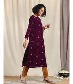 Wine Velvet Embroidered Slit Kurta