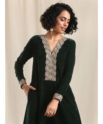 Green Velvet Flared Gota Kurta 4