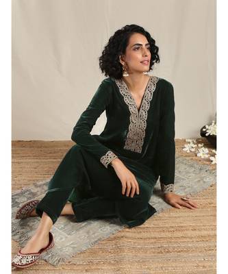 Green Velvet Flared Gota Kurta 5