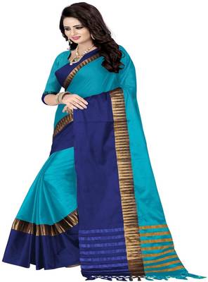 Sky blue woven cotton silk saree with blouse 3