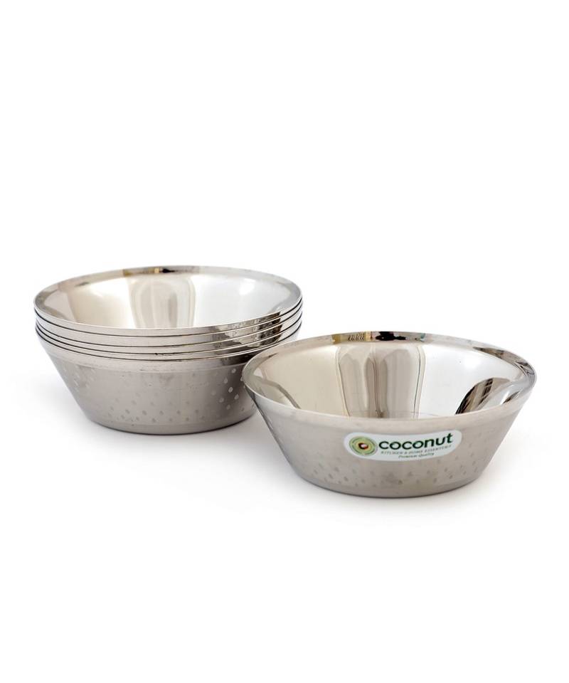 Coconut Stainless Steel Shower Vento Bowl/Vati/Katori - Set of 6 (10.75 cm Diameter) - Capacity -200ML Each Bowl