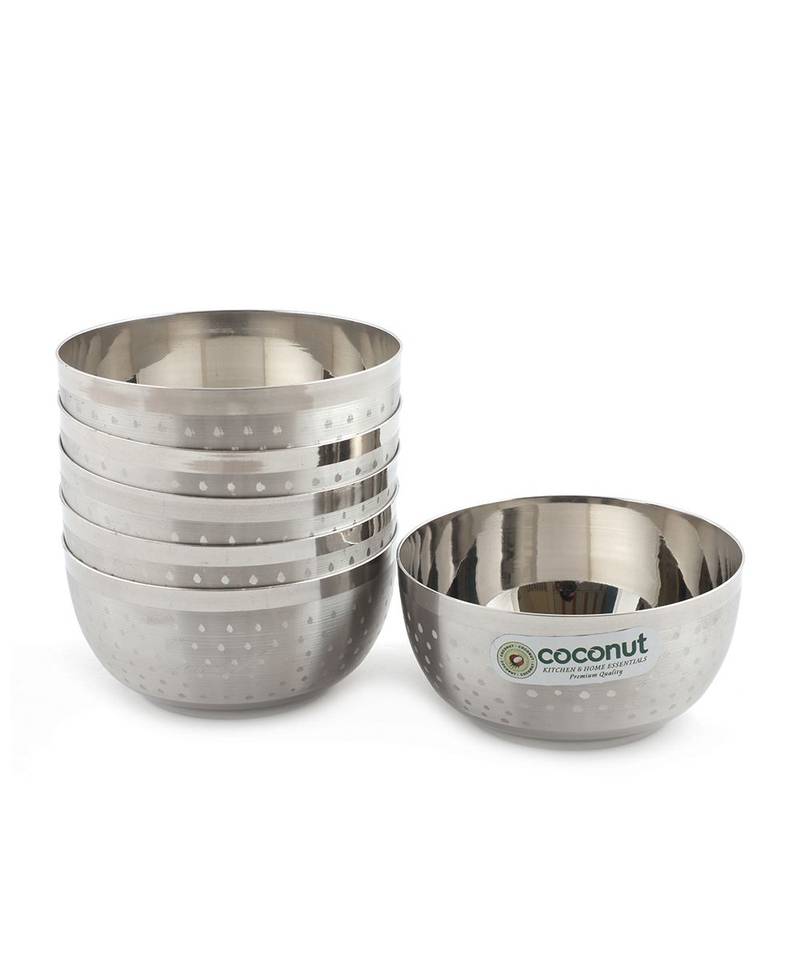 Coconut Stainless Steel Shower DLX Bowl/Vati/Katori - Set of 6 (9 cm Diameter) - Capacity Each Bowl 230ML