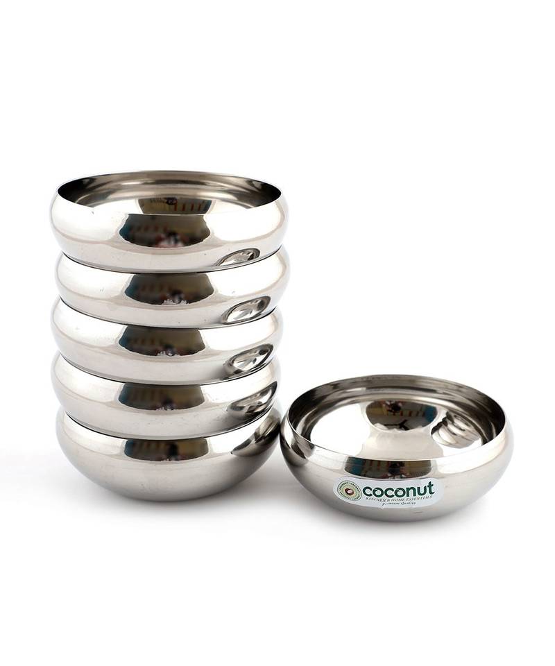 Coconut Stainless Steel Rasberry Bowl/Vati/Katori - Set of 6 -Diamater - 10Cm - Capacity Each Bowl - 200ML